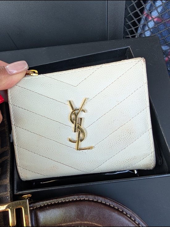Saint Laurent Handbags - Saint Laurent Cream Quilted Leather Card Holder with Gold YSL